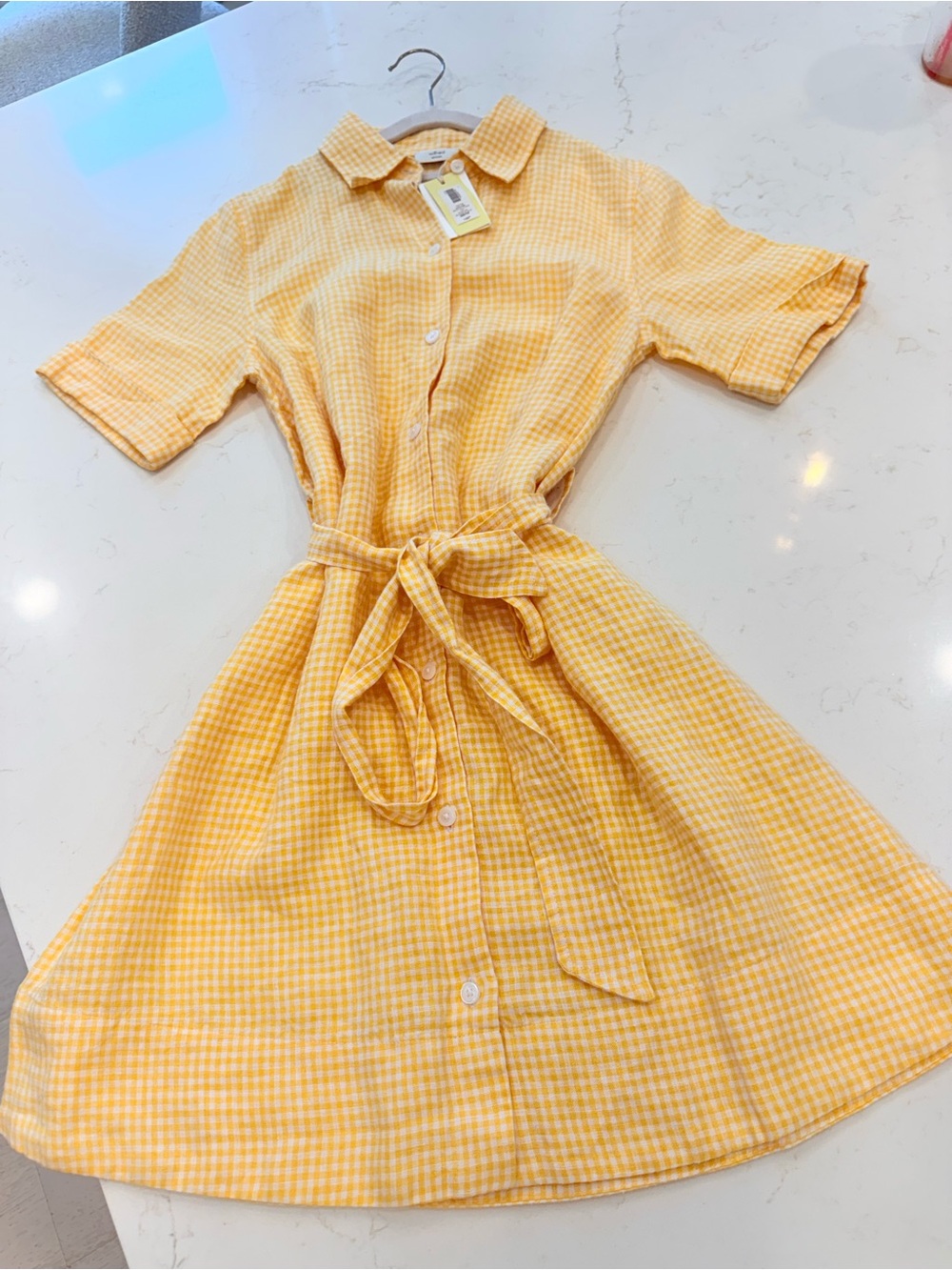 Aritzia Wilfred Yellow Gingham Tie-Waist Dress
